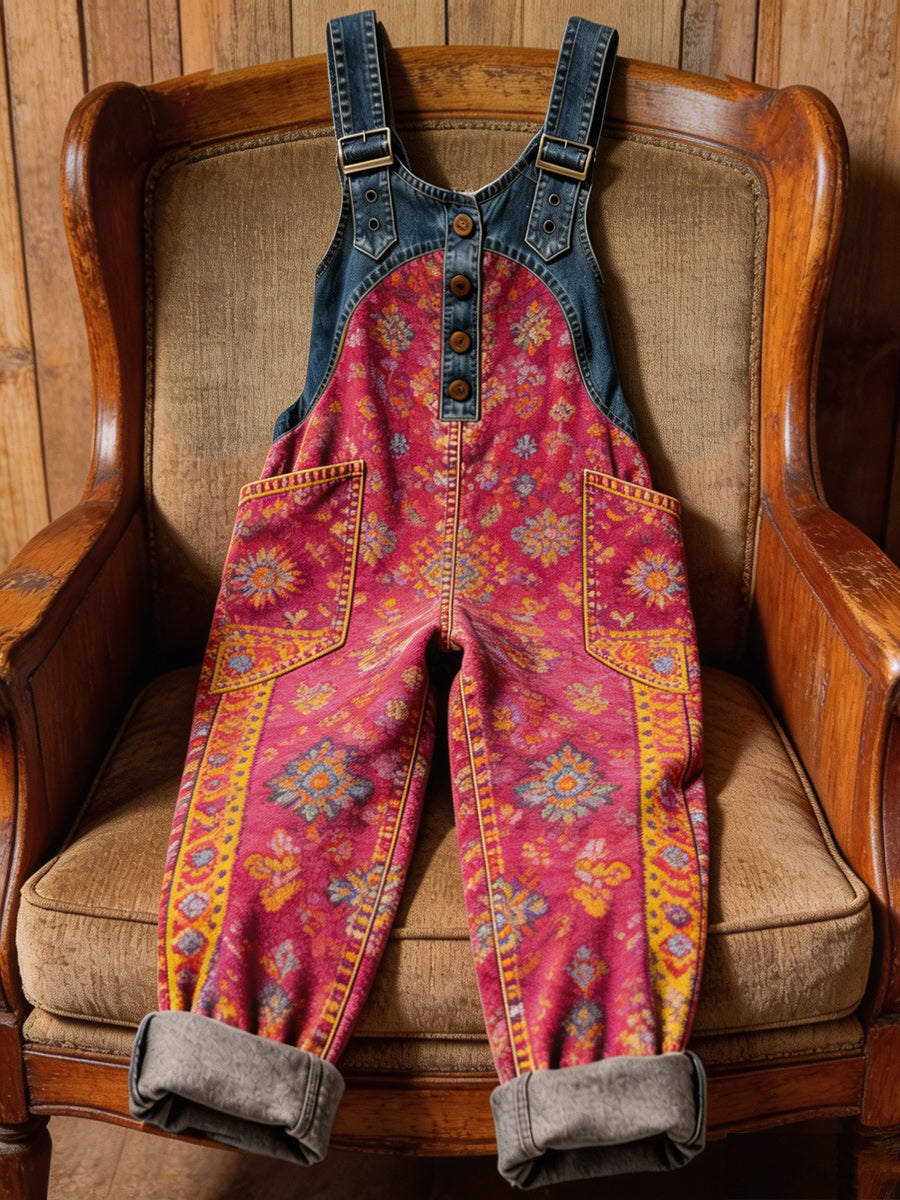 Women's Retro Style Art Print Washed Cotton Denim Patchwork Jumpsuit